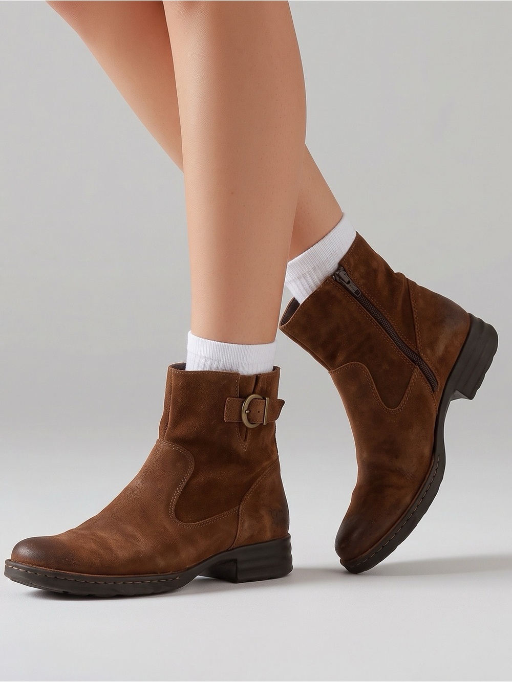 Born Leather Boots 8.5M Brown Distressed Zip-Up  Low Heel Booties